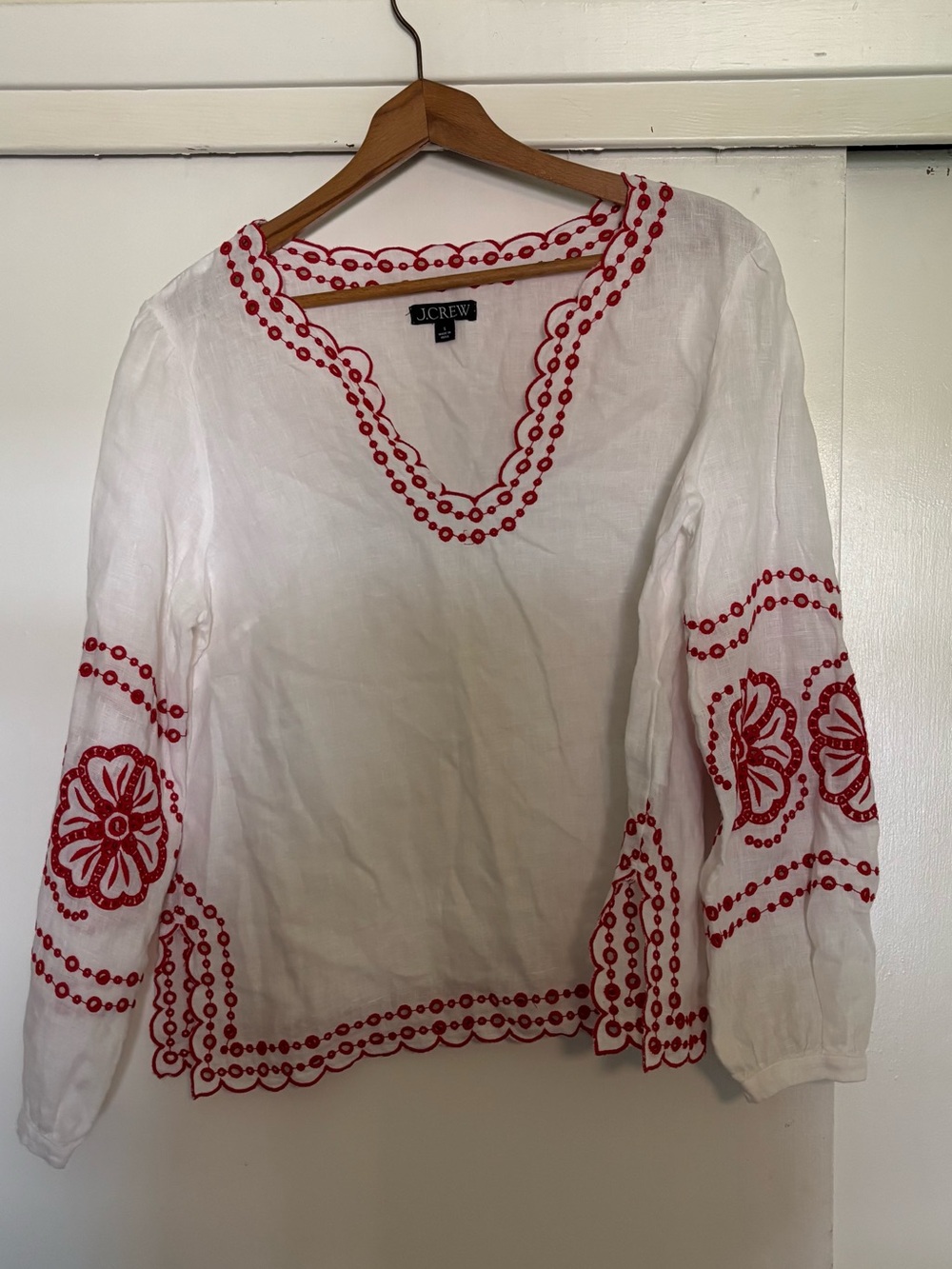 J Crew White Linnen Long Sleeve Top With Red Embroidered Size S